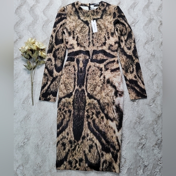 Yigal Azrouël Clouded Leopard Printed Scuba Sheath Fitted Dress NWT Size 6 - Picture 2 of 13